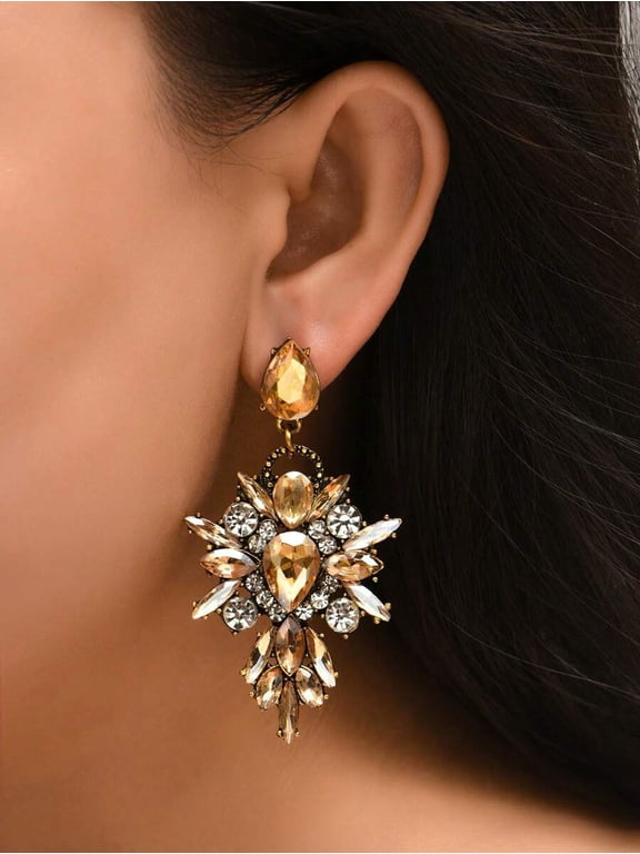 Champagne Rhinestone Chandelier Dangle Earrings With Goldtone Setting
