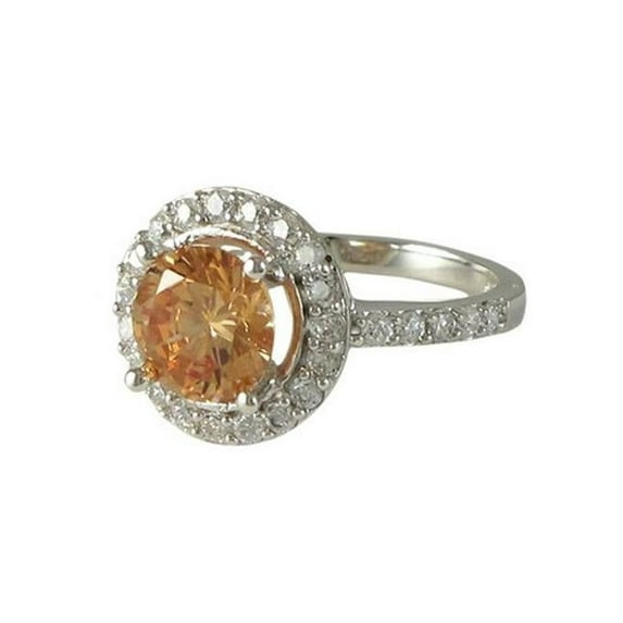 Champagne Round Cubic Zirconia & Surrounded White Sterling Silver Ring, Size 8