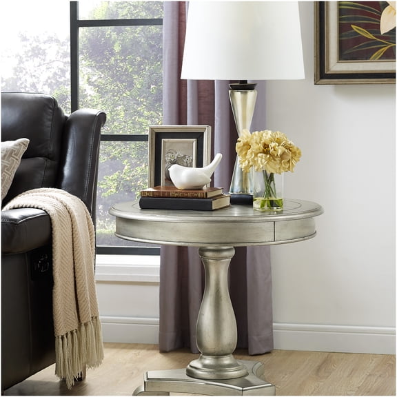 Champagne Round Pedestal End Table for Living Room, Wood Accent Table with Scroll Legs
