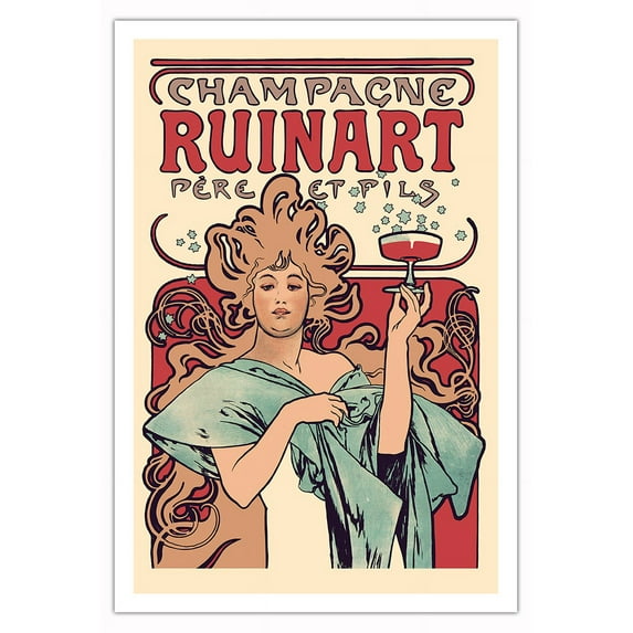 Champagne Ruinart Père Et Fils (Father & Son) - Vintage France Advertising Poster by Alphonse Mucha c.1896 - Fine Art Matte Paper Print (Unframed) 30x44in