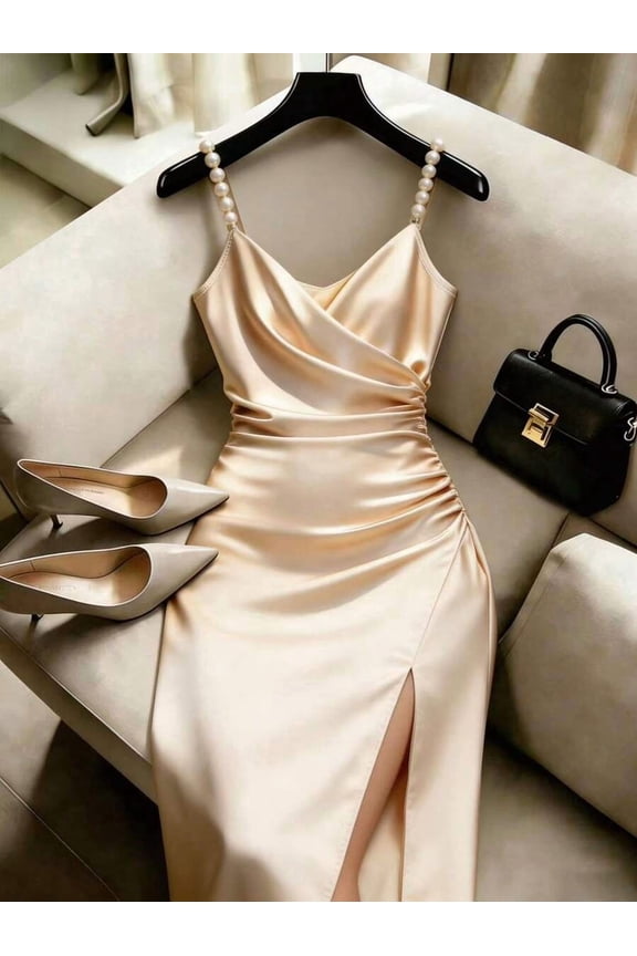 Champagne Satin Bodycon Dress With Pearl-Embellished Spaghetti Straps, Crossover Neckline, Ruched Waist And Side Slit