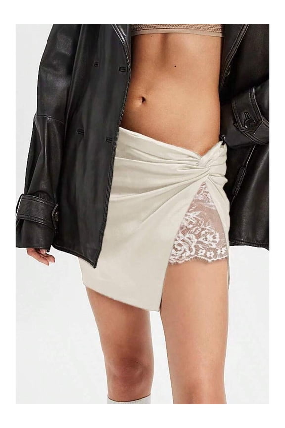 Champagne Satin Wrap Mini Skirt With Lace Side Panel High Waist Asymmetrical