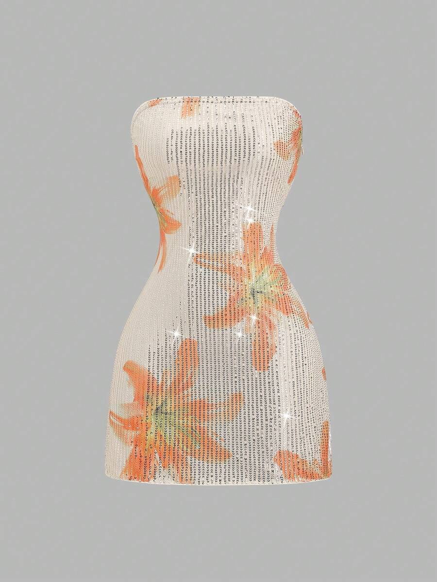 Champagne Sequin Floral Print Bodycon Mini Dress Tube Top Halter Cocktail Dress