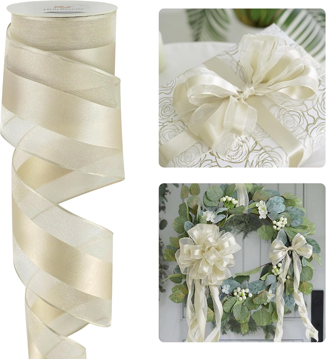 Champagne Sheer Wired Ribbon with Satin Stripe 2.5 inch Champagne Christmas Tree Ribbon for Bows Making, Wreaths, Garland, Gift Wrapping, Bridal Shower Wedding Decor-Continous 10 Yards