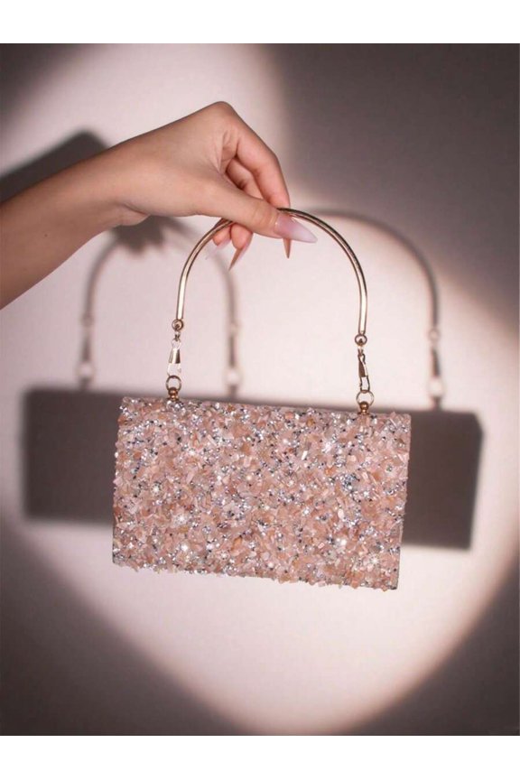 Champagne Shell & Rhinestone Embellished Clutch With Gold-Tone Handle