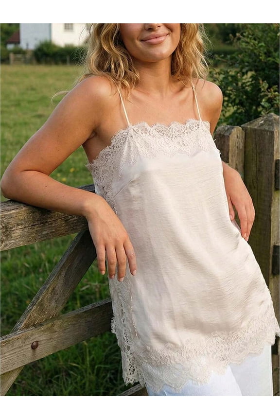 Champagne Silk Lace Trim Cami Top Spaghetti Strap Square Neck Satin Slip Blouse