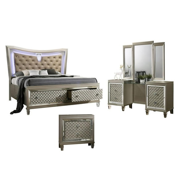 Champagne Silver Wood 3 Piece Set with Vanity and Eastern King Bed
