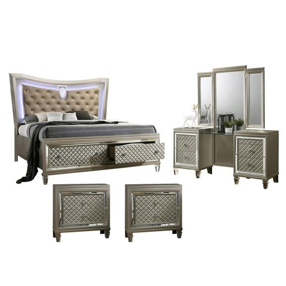 Champagne Silver Wood 4 Piece Set with Vanity and Eastern King Bed