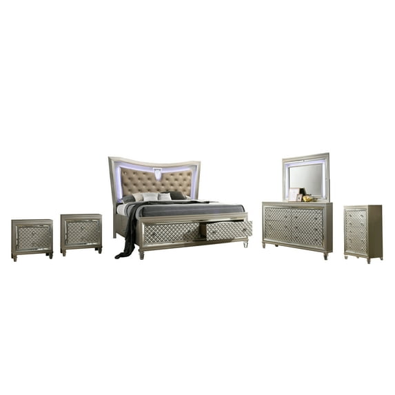 Champagne Silver Wood 6pc Bedroom Set in California King