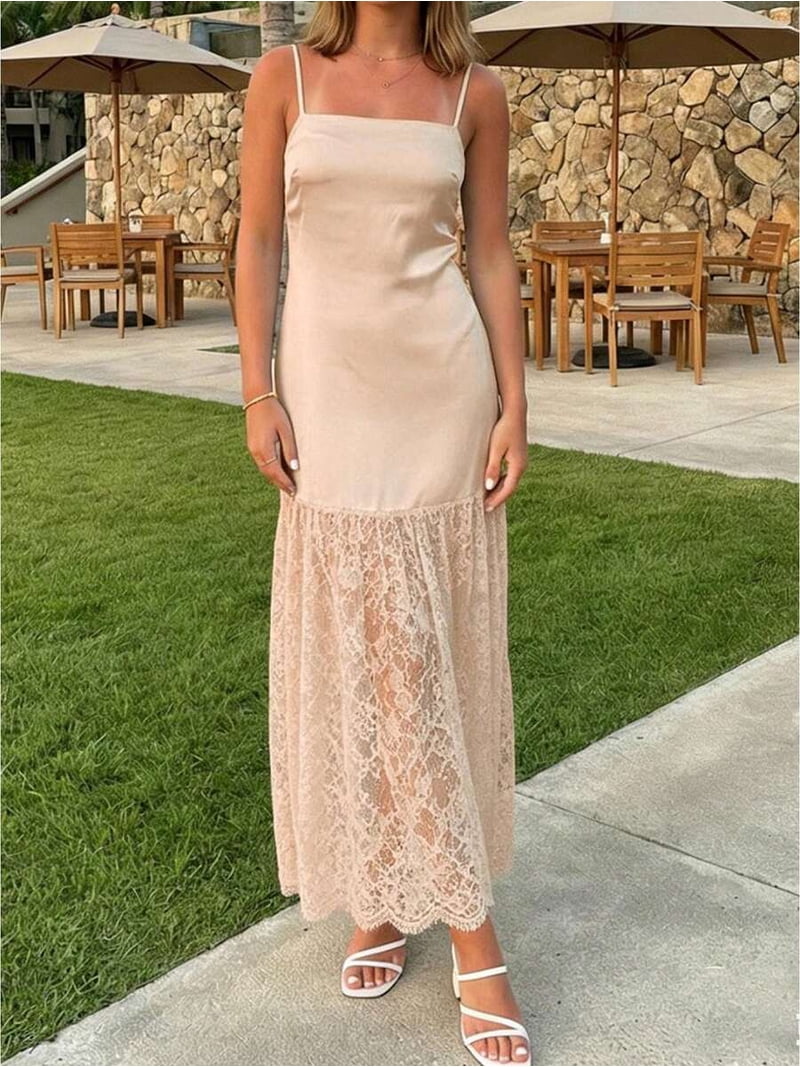 Champagne Slip Dress With Lace Skirt, Sleeveless Maxi Dress For Summer Garden Party