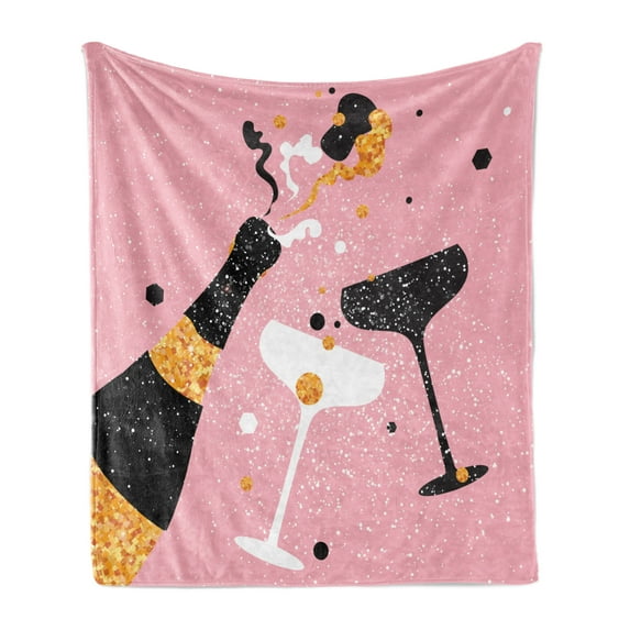 Champagne Soft Flannel Fleece Blanket, Party Time Cheers Vintage Bottle with Clinking Glasses Celebration, Cozy Plush for Indoor and Outdoor Use, 70" x 90", Pale Pink Marigold Black, by Ambesonne