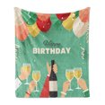 thumbnail image 1 of Champagne Soft Flannel Fleece Throw Blanket, Happy Birthday Greeting Party with Balloons and People Holding Drinks Cartoon, Cozy Plush for Indoor and Outdoor Use, 50" x 70", Multicolor, by Ambesonne, 1 of 6