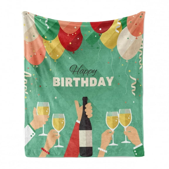 Champagne Soft Flannel Fleece Throw Blanket, Happy Birthday Greeting Party with Balloons and People Holding Drinks Cartoon, Cozy Plush for Indoor and Outdoor Use, 70" x 90", Multicolor, by Ambesonne