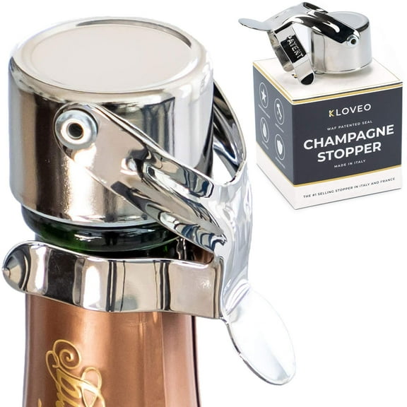 Champagne Stoppers by Kloveo - Patented Seal (No Pressure Pump Needed) Made in Italy - Professional Grade WAF Champagne Bottle Stopper - Prosecco, Cava, and Sparkling Wine Stopper 1 Chrome