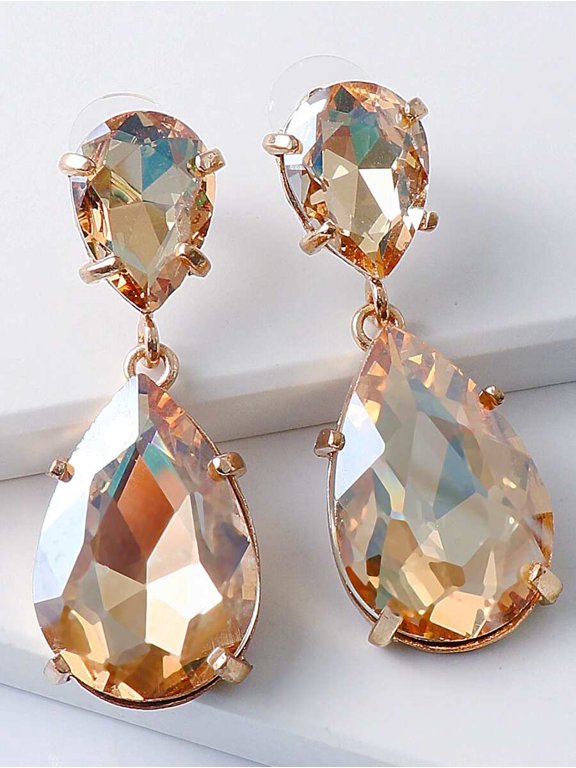 Champagne Teardrop Dangle Earrings With Goldtone Setting And Faceted Iridescent Cubic Zirconia