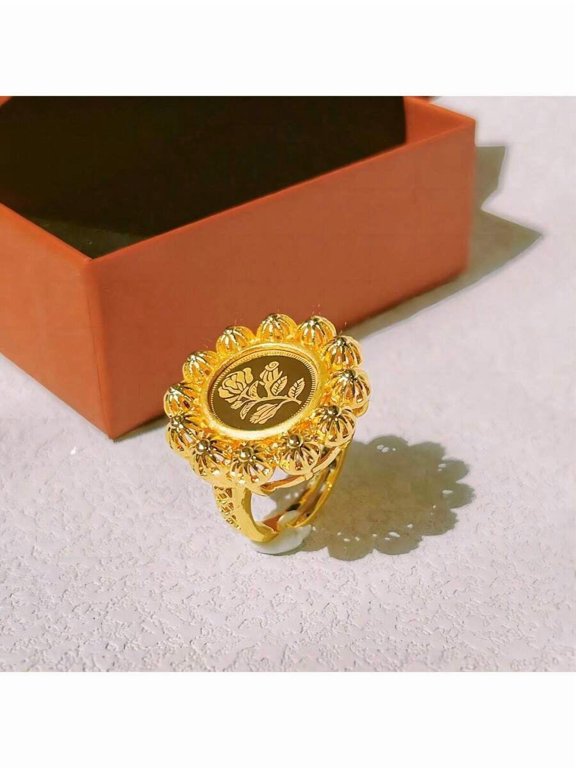 Champagne Tone Gold Plated Copper Womens Ring With Laser Engraved Floral Design, Adjustable Size