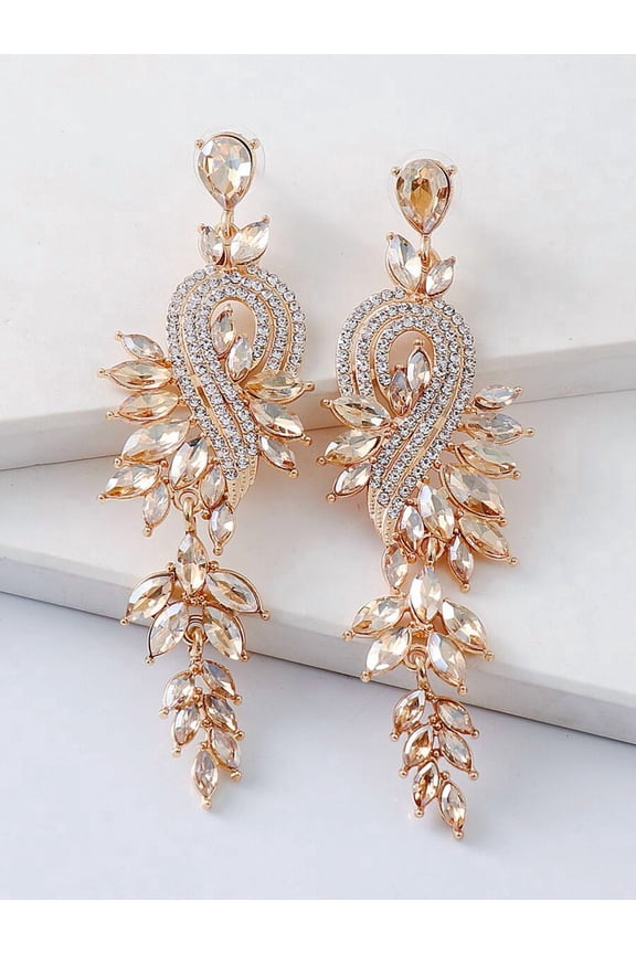 Champagne Tone Rhinestone Vine Chandelier Drop Earrings For Women