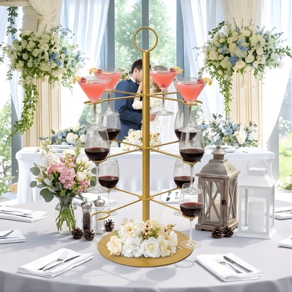 Champagne Tower 3-Tier Stand with 12 Holders for Roostertails, Martini & Margarita Glasses - Golden Holder for Weddings, Parties, Events & Gatherings