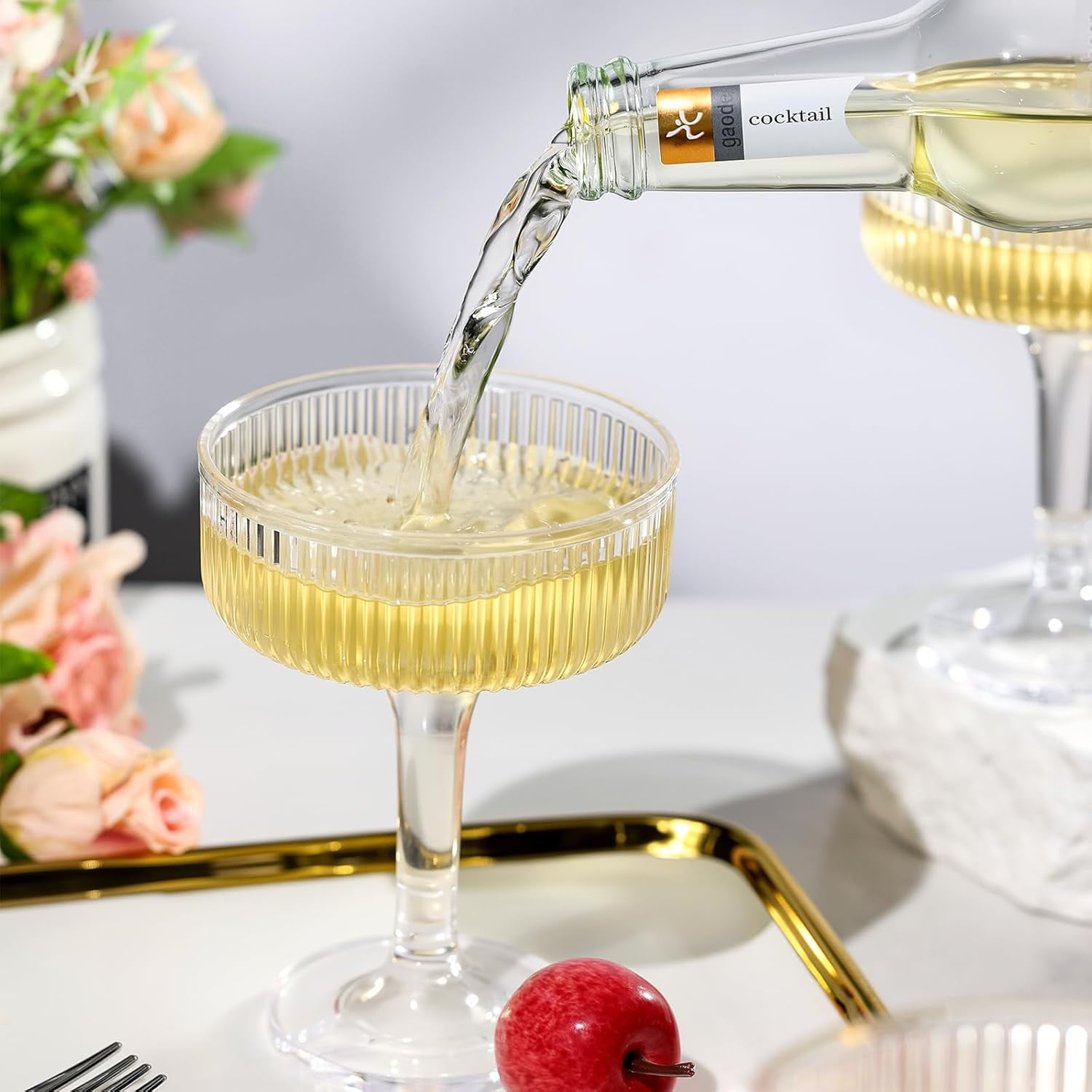 Champagne Tower - Clear Plastic Champagne Flutes, Butterfly Shape with Vertical Stripes for Weddings, Celebrations, Parties