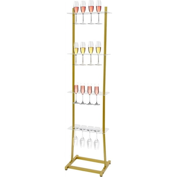 Champagne Tower Stand, 4-Tier Acrylic Wine Glass Holder Rack (Holds 32 Cups) - Gold Floor Mounted Champagne & Stemware Display for Wedding, Party, Event - Sturdy Champagne Glass Tree