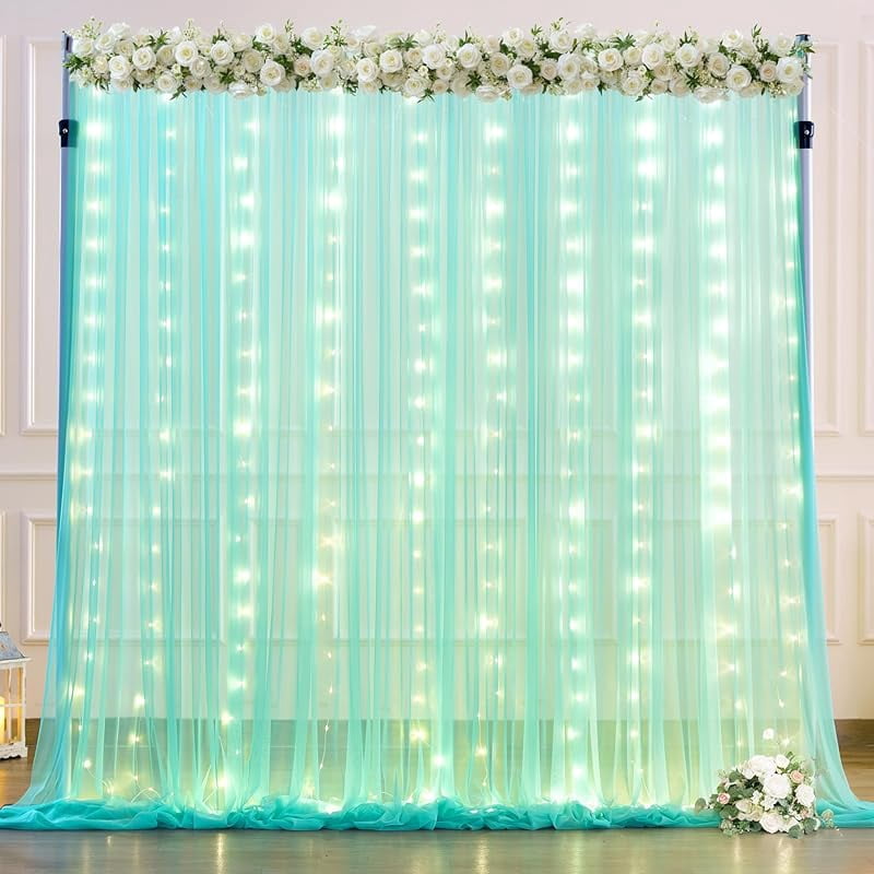 Champagne Tulle Backdrop Curtain with Lights String for Parites Wedding 10x8ft Champagne Sheer ...