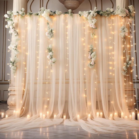 Champagne Tulle Backdrop Curtain with Lights String for Parties, Sheer Photo Backdrop Curtains for Wedding Ceremony Bridal Shower Birthday Party Photo Shoot Background Decorations