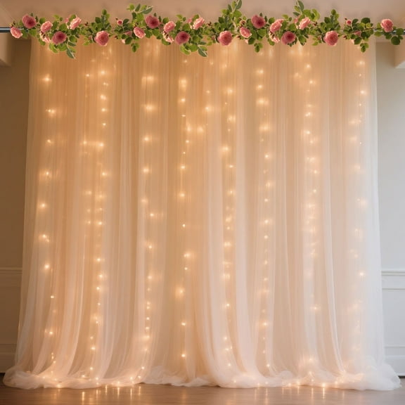 Champagne Tulle Backdrop Curtain with String Lights 10x9.8ft - Wedding Bridal Shower Birthday Party Photo Shoot Decor (2 Panels)