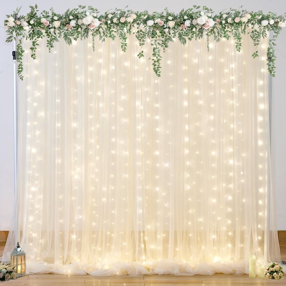 Champagne Tulle Photodrop Curtain With Lights String For Parties Wedding Bridal Shower Sheer Birthday Booth Photography 10ft X 8ft