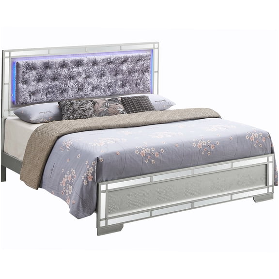 Champagne Upholstered Queen Bed Frame with Glam Silver Headboard, Platform Base with Wood Slats