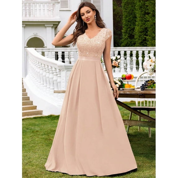 Champagne V-Neck Sequin Lace Short Sleeve A-Line Evening Gown