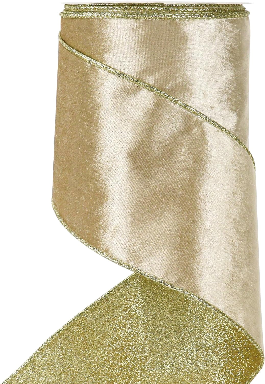 Champagne Velvet Wired Ribbon 4 inch Christmas Ribbon Double-Sided Glitter Gold Ribbons for Trees, Wreaths, Tree Top Bows, Garlands, Staircases, Crafts-10 Yards