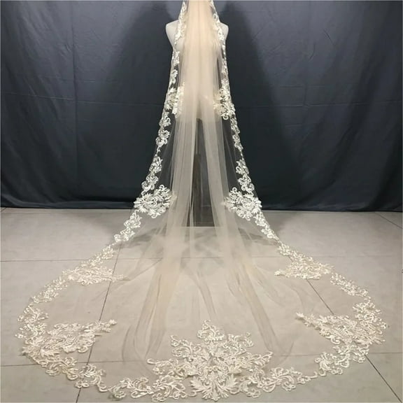 Champagne White Bridal Cathedral Length Veil Top Appliqued Long Wedding Comb Veils