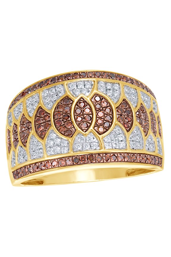 Champagne & White Natural Diamond Alternating Layers Band Ring in 10k Yellow Gold