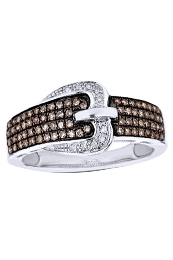 Champagne & White Natural Diamond Buckle Ring in 10k White Gold