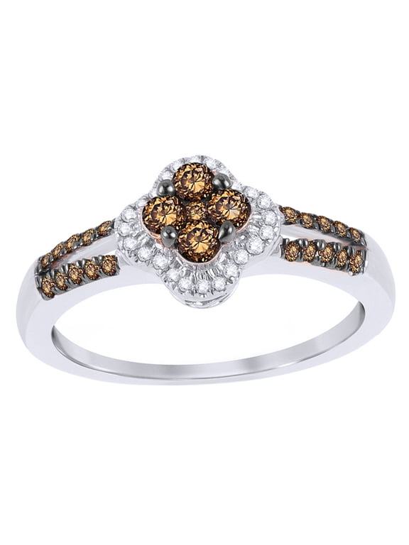 Champagne & White Natural Diamond Clover Frame Ring in 10k Solid Gold