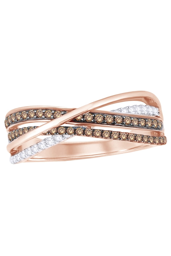 Champagne & White Natural Diamond Double Row Overlay Ring in 10k Rose Gold
