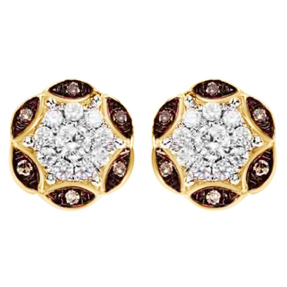 AFFY Champagne & White Natural Diamond Flower Stud Earrings in 10K Yellow Gold (0.25 Cttw )