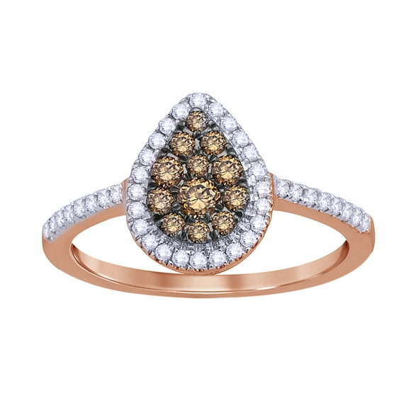 AFFY Champagne & White Natural Diamond Frame Pear Shaped Cluster Ring in 10k Rose Gold