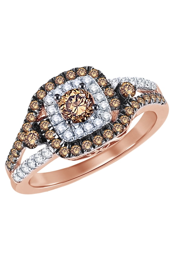 Champagne & White Natural Diamond Frame Split Shank Engagement Ring in 10K Rose Gold (1 cttw)