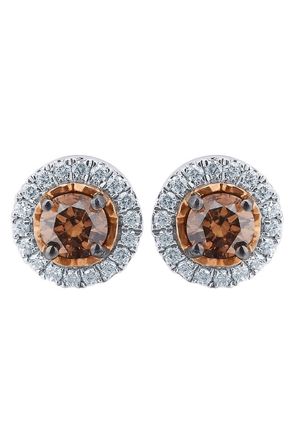 Champagne & White Natural Diamond Frame Stud Earrings in 10K White Gold (0.5 Cttw )