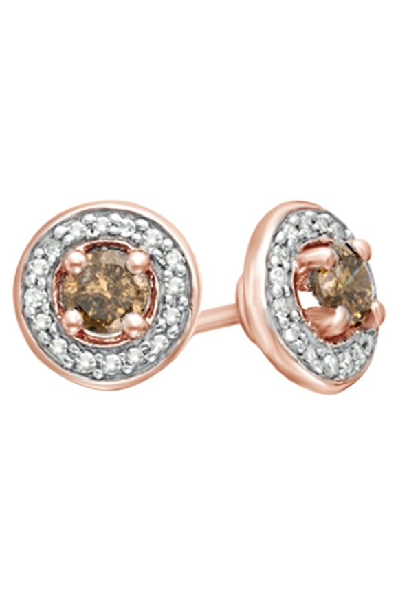 Champagne & White Natural Diamond Frame Stud Earrings in 10k Rose Gold (0.5 Cttw )