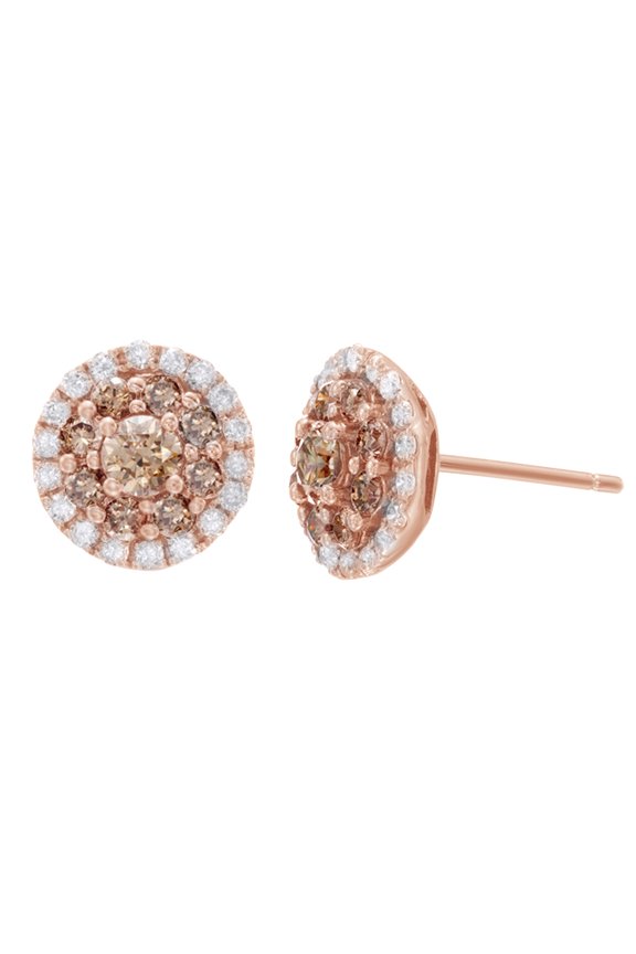 Champagne & White Natural Diamond Frame Stud Earrings in 14k Rose Gold (1.2 Cttw)