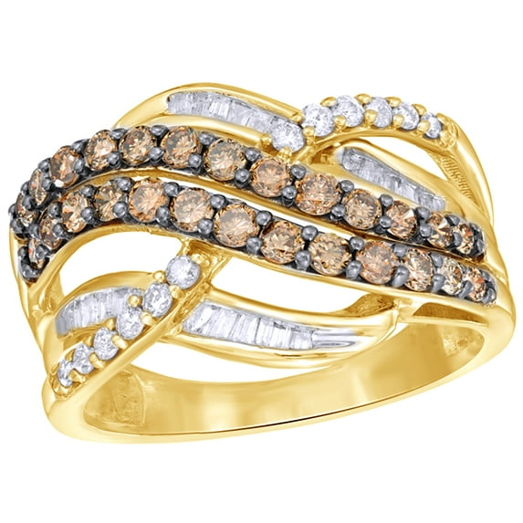 AFFY Champagne & White Natural Diamond Layered Crossover Ring in 10K Yellow Gold (1 cttw)