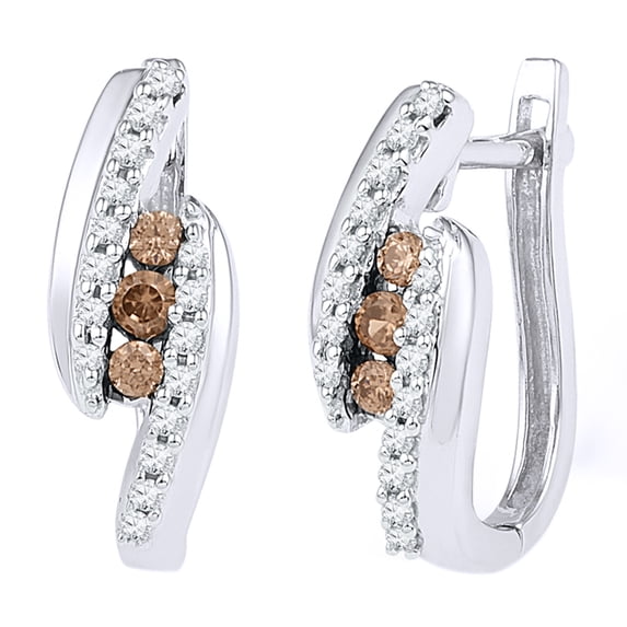 AFFY Champagne & White Natural Diamond Linear Three Stone Bypass Drop Earrings in 10k White Gold (0.33 Cttw )