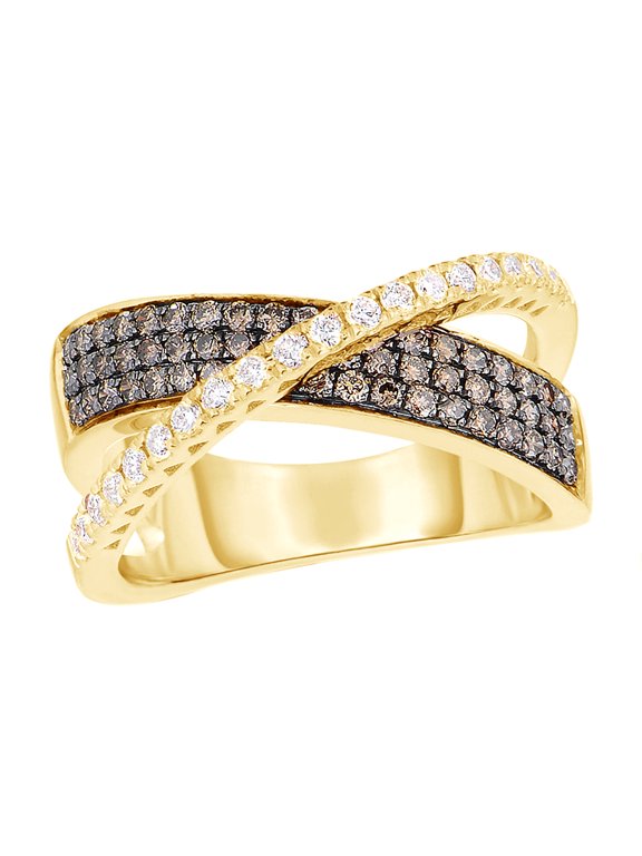 Champagne & White Natural Diamond Orbit Multi-Row Engagement Ring in 14K Yellow Gold (0.75 cttw)