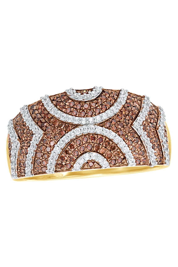 Champagne & White Natural Diamond Patterned Dome Ring in 10k Yellow Gold