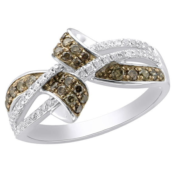 Champagne & White Natural Diamond Ribbon Bypass Ring in 10k White Gold