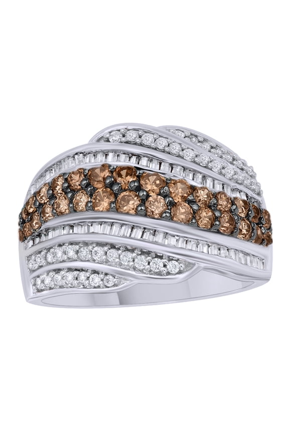 Champagne & White Natural Diamond Rolling Waves Ring in 10k White Gold (1 Cttw)