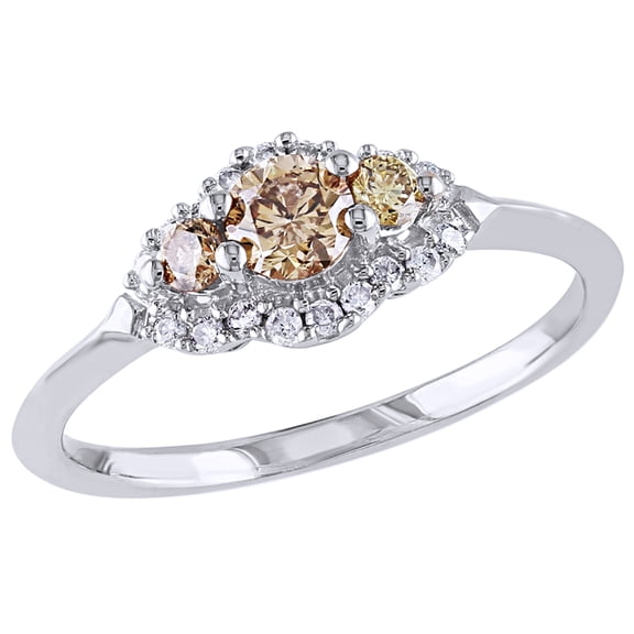 AFFY Champagne & White Natural Diamond Three Stone Engagement Ring in 10k White Gold