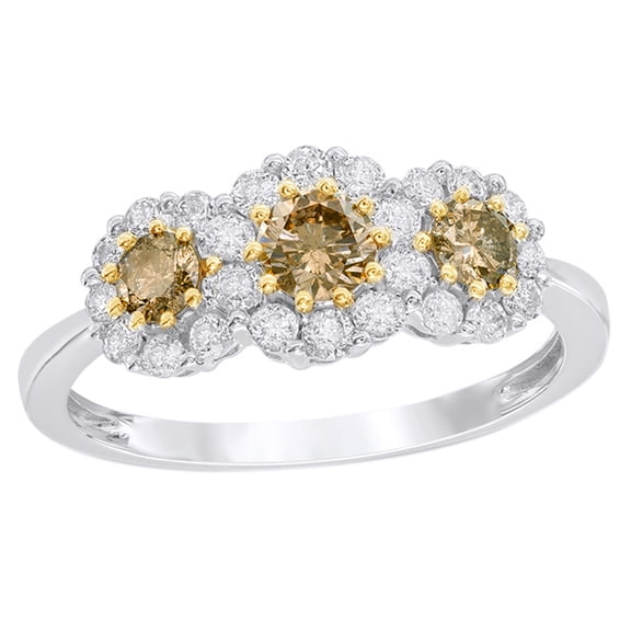 AFFY Champagne & White Natural Diamond Three Stone Frame Engagement Ring in 10K Solid Gold (1 Cttw)